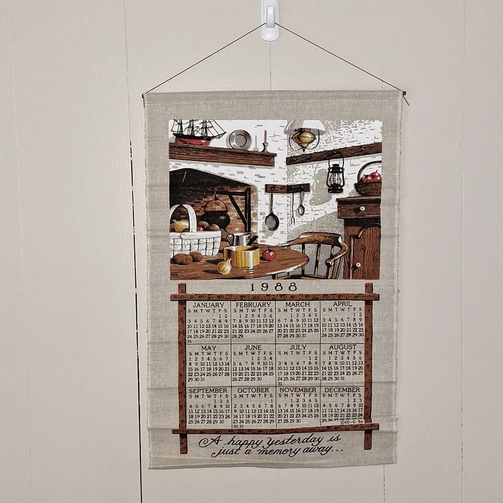 🪑 1988 fabric dish cloth towel wall hanging calendar w/original envelope, dowel